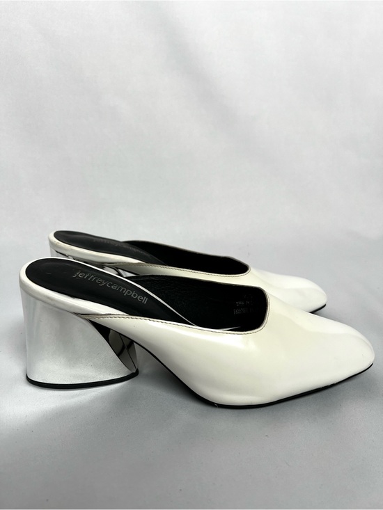 Jeffrey Campbell Shoes - Jeffrey Campbell Sculptural Mule Heels White Chrome Square Toe Size 7.5
